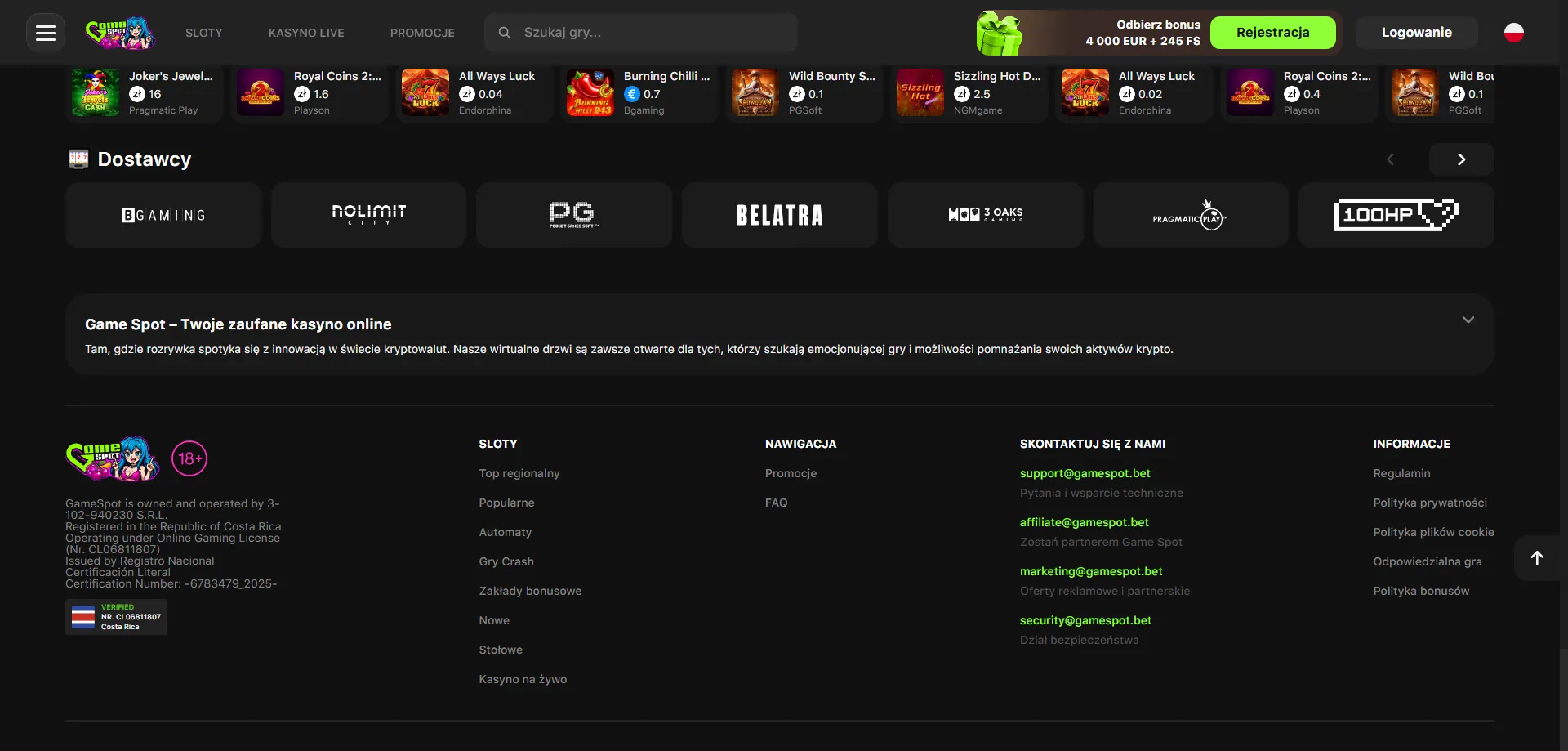 Bogata oferta gier hazardowych w GameSpot Casino